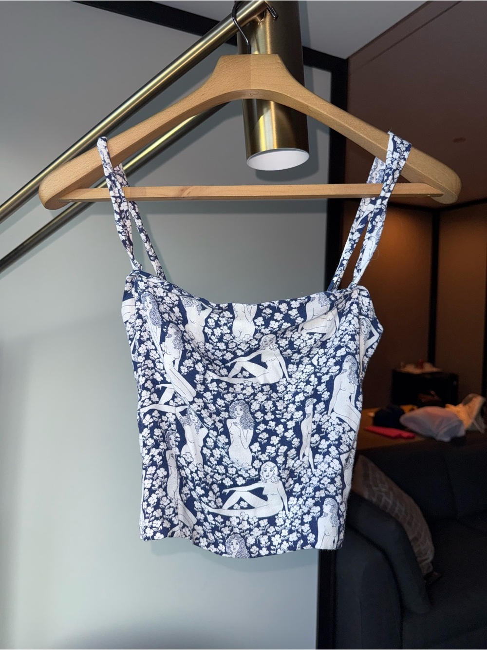 Reformation Navy and White Figure Print Cropped Cami